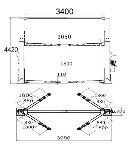 YL-350W 5 Tonne Extra Wide Clear Floor Car Hoist With 3 Stage Arms Single Point Release 3.4m Between Columns 5000kg