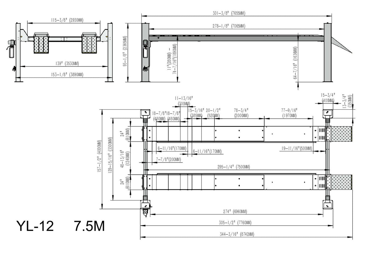 Highlift YL-12, 12 Ton 4 Post Truck Hoist Extra Long 7.5Meters