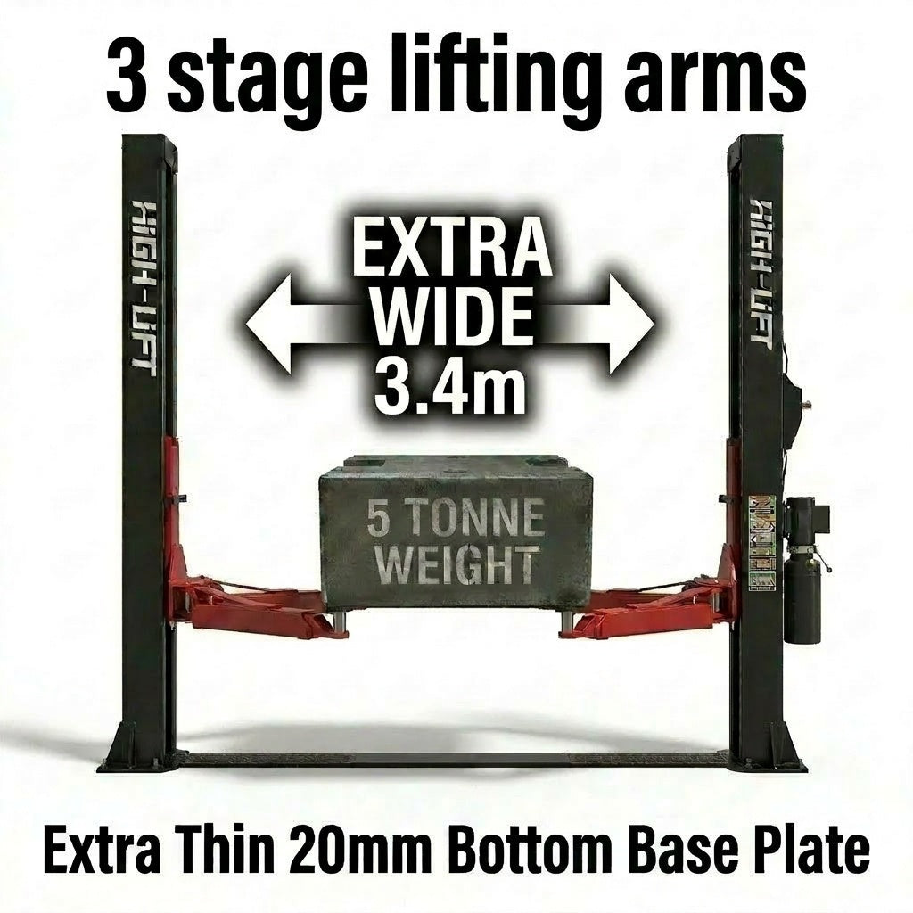 YL-250W 5 Tonne Extra Wide Base Plate Car Hoist With 3 Stage Arms Single Point Release 3.4m Between Columns 5000kg