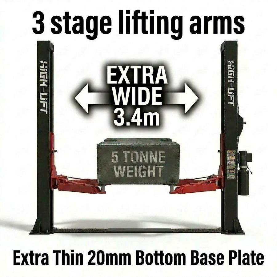 YL-250W 5 Tonne Extra Wide Base Plate Car Hoist With 3 Stage Arms Single Point Release 3.4m Between Columns 5000kg