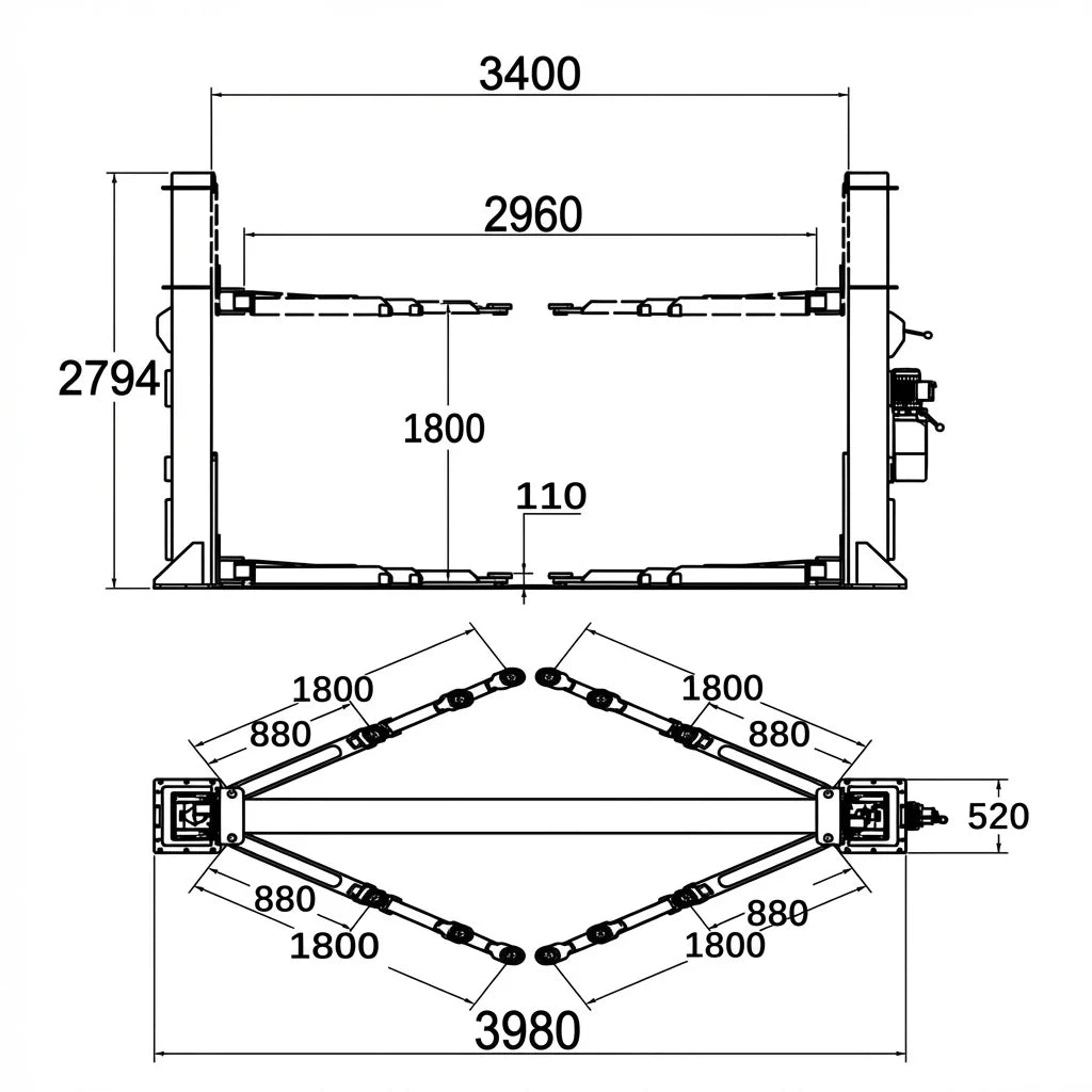 YL-250W 5 Tonne Extra Wide Base Plate Car Hoist With 3 Stage Arms Single Point Release 3.4m Between Columns 5000kg