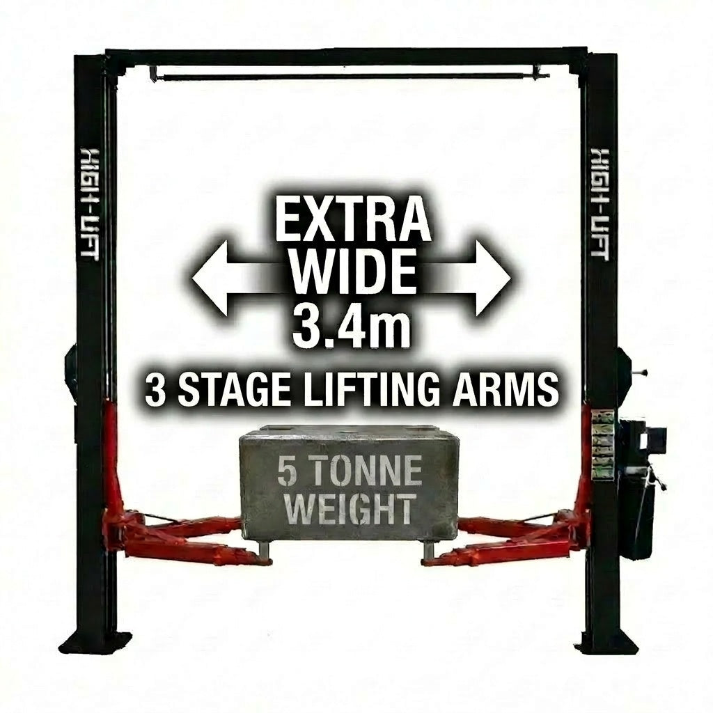 YL-350W 5 Tonne Extra Wide Clear Floor Car Hoist With 3 Stage Arms Single Point Release 3.4m Between Columns 5000kg