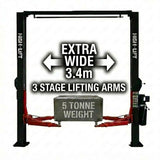 YL-350W 5 Tonne Extra Wide Clear Floor Car Hoist With 3 Stage Arms Single Point Release 3.4m Between Columns 5000kg