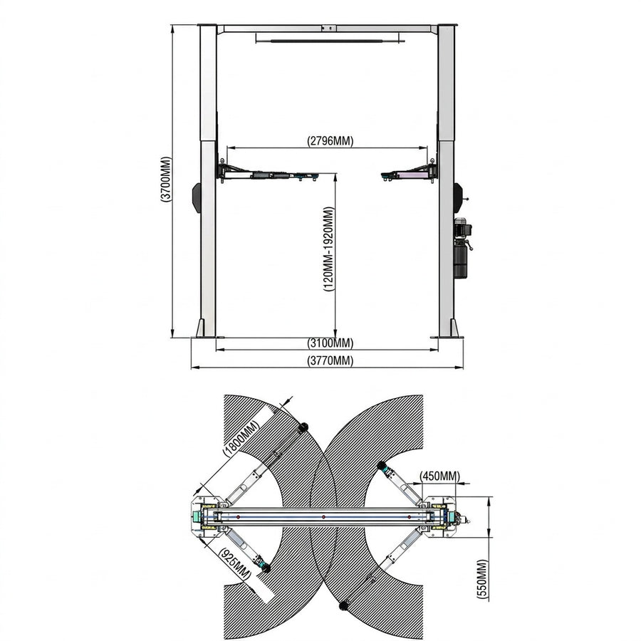 4.5 Tonne Clear Floor Car Hoist Single Point Release 2020mm Lift Height, 4 x 3 Stage arms YL-345