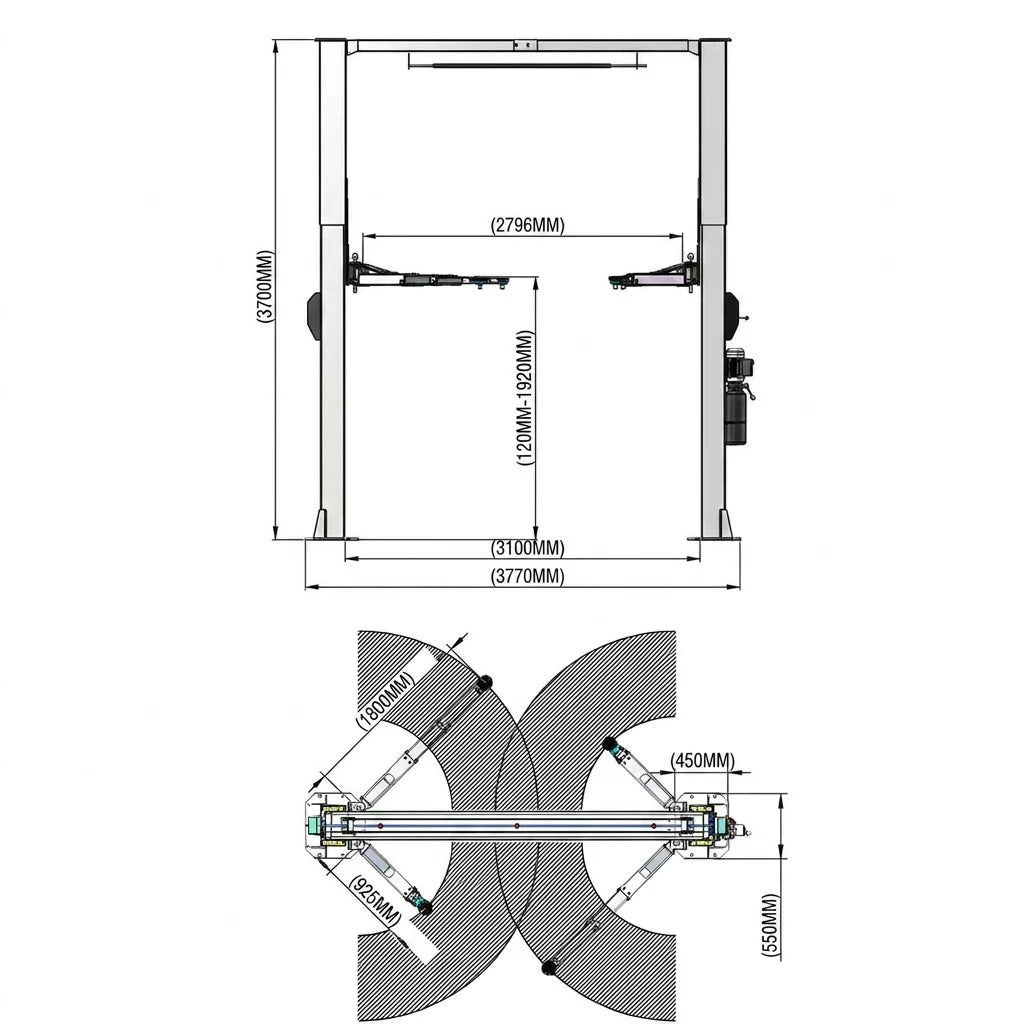 4.5 Tonne Clear Floor Car Hoist Single Point Release 2020mm Lift Height, 4 x 3 Stage arms YL-345