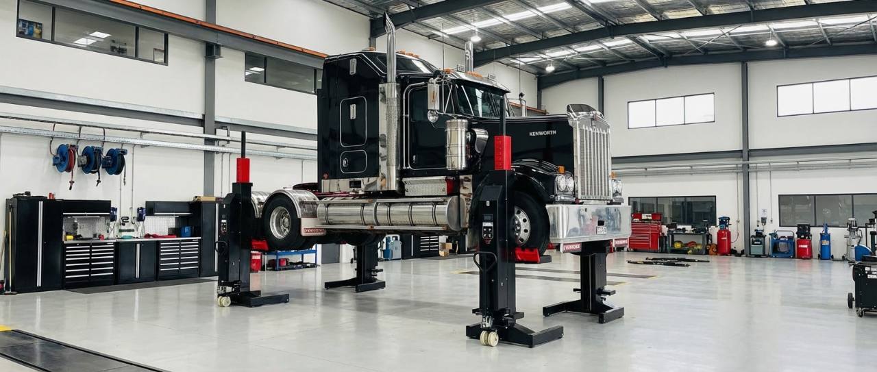 Black truck raised on heavy duty hoist